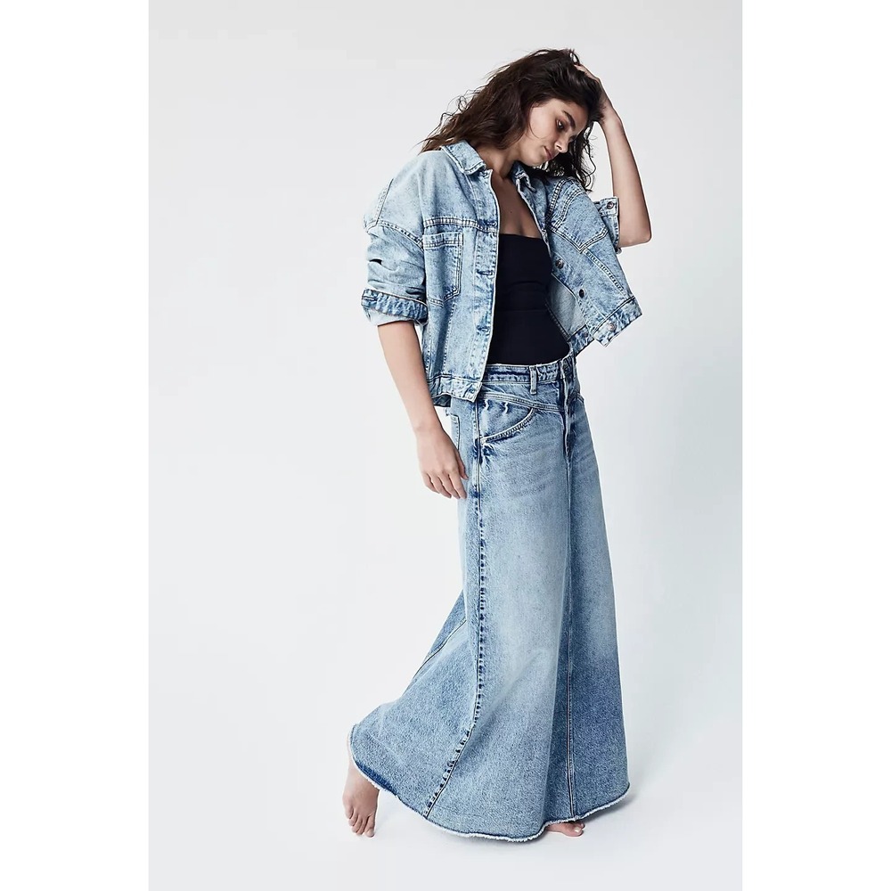 We The Free People Come As You Are Denim Jean Maxi Skirt Blue Frayed Boho 6 - Picture 7 of 16